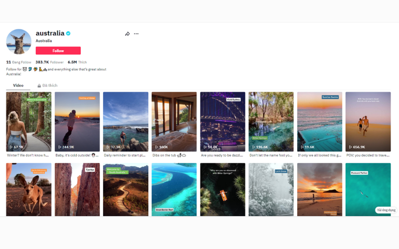 Kênh TikTok của Australia Tourism