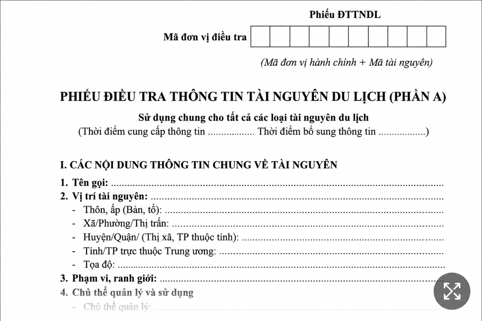Phiếu điều tra thông tin Tài nguyên du lịch (Phần A) Phieu-dieu-tra-thong-tin-Tai-nguyen-du-lich---Phan-A