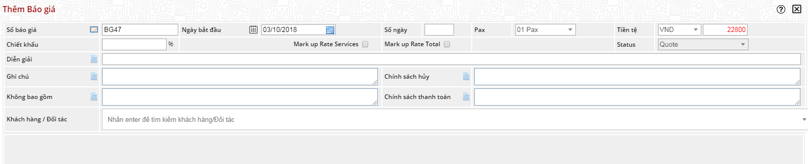 Giao dien bao gia cua TravelMaster